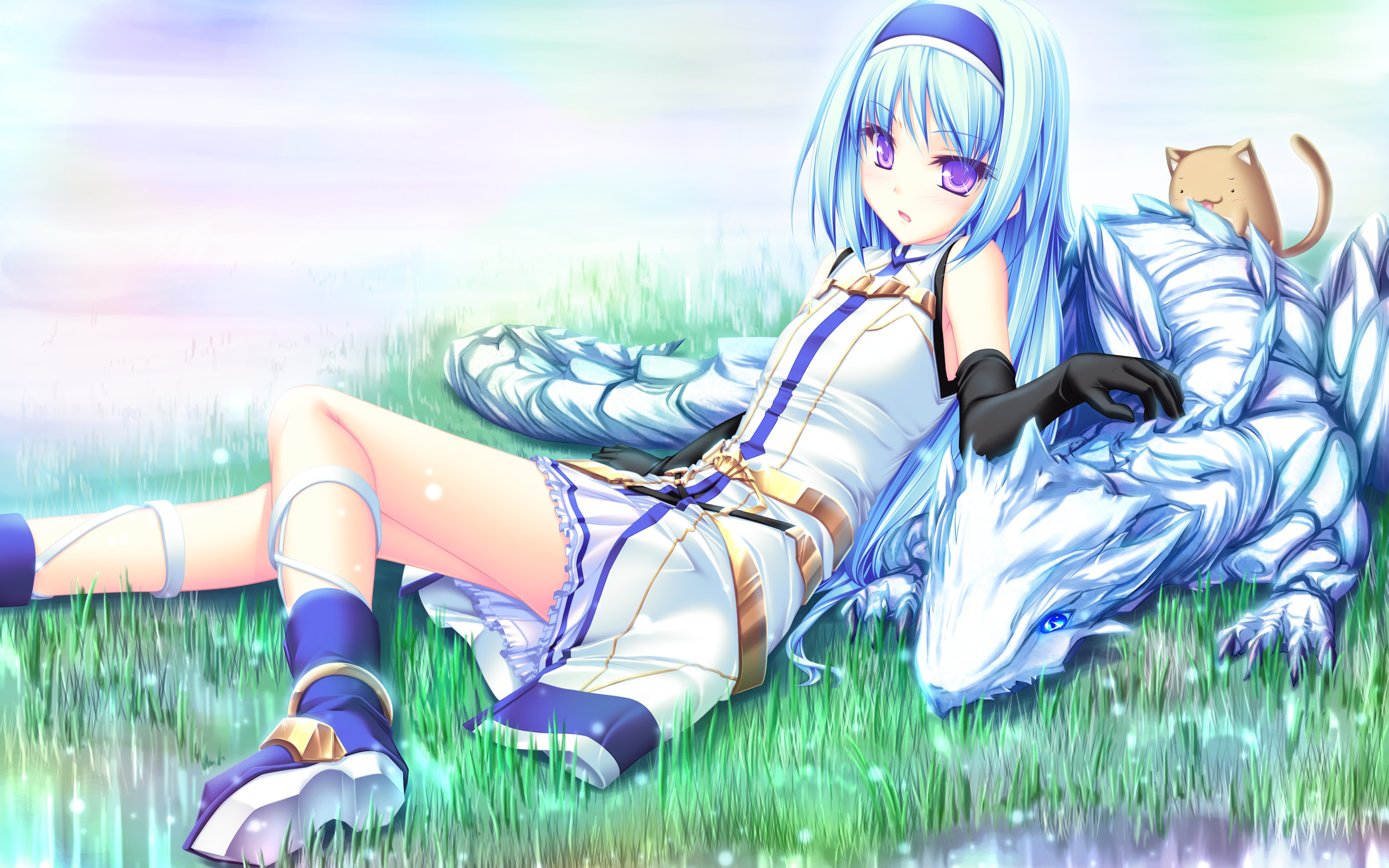 Animal Blue Hair Cat Cat Smile Dragon Elbow Gloves Grass