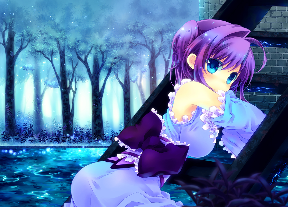 Blue Eyes Bow Konno Kengo Purple Hair Short Hair Tree Water