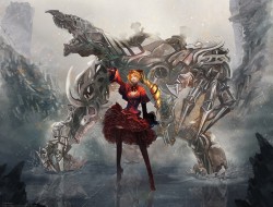 blondes , ruins , gloves , dress , robots , stockings , glass , mecha , destruction , long hair , ribbons , outdoors , high heels , smiling , bows , red dress , curly hair , grin , ponytails