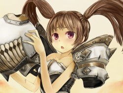 armor, brown_hair, red_ey…